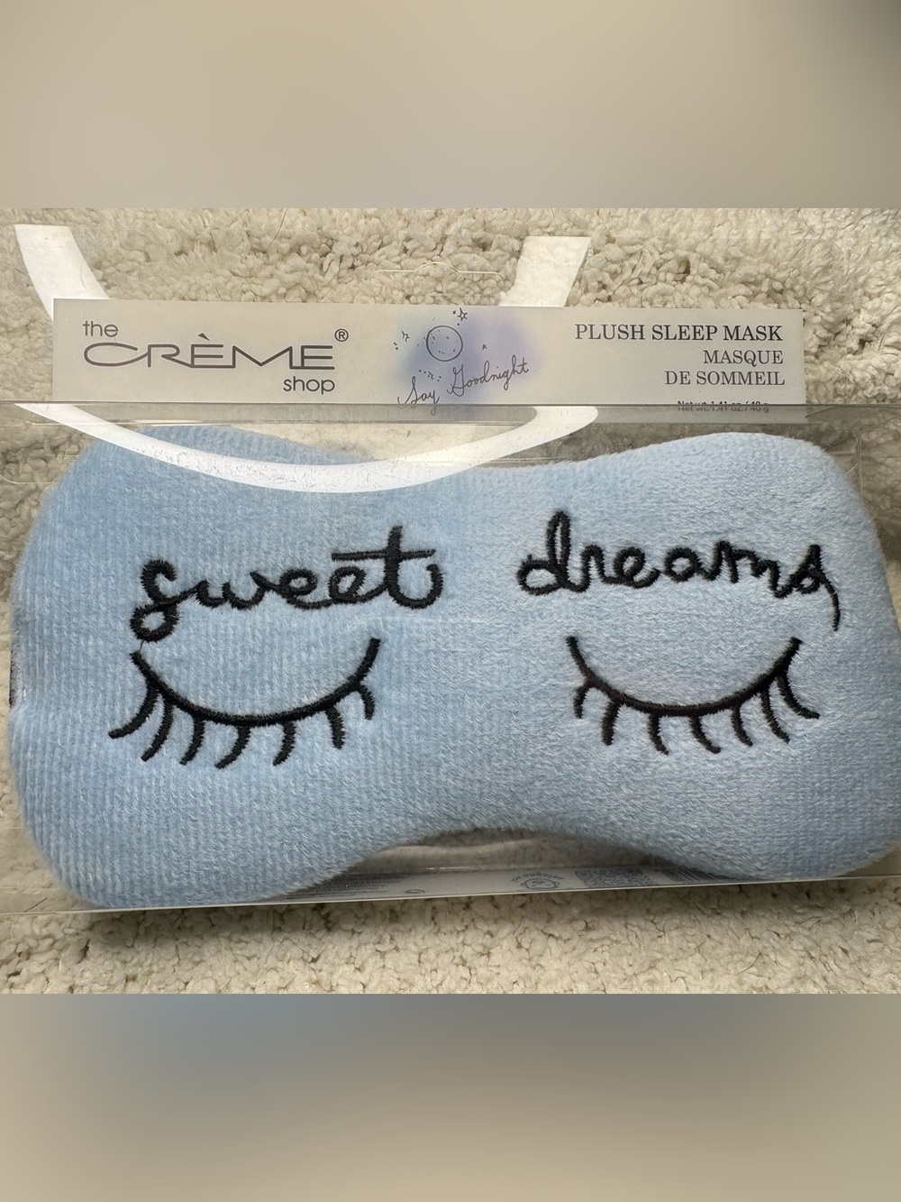 The Crème Shop Plush Sleep Mask - Light Blue "Sweet Dreams"